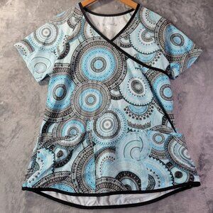 Easy Stretch Women’s Scrub Top S Blue‎ Black Mandala Print V-Neck Pockets